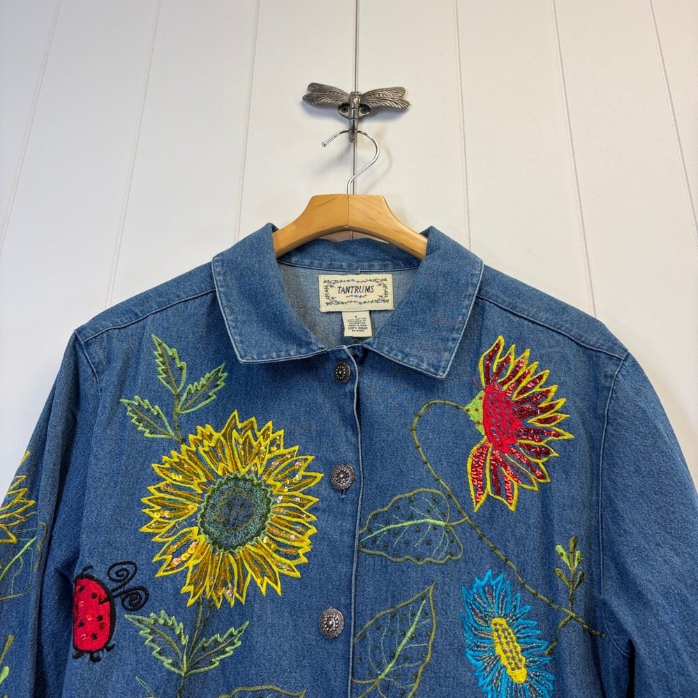Vintage Tantrums Whimsical Beaded Denim Jacket Women Size S Ladybug Cottage Boho - Picture 7 of 8